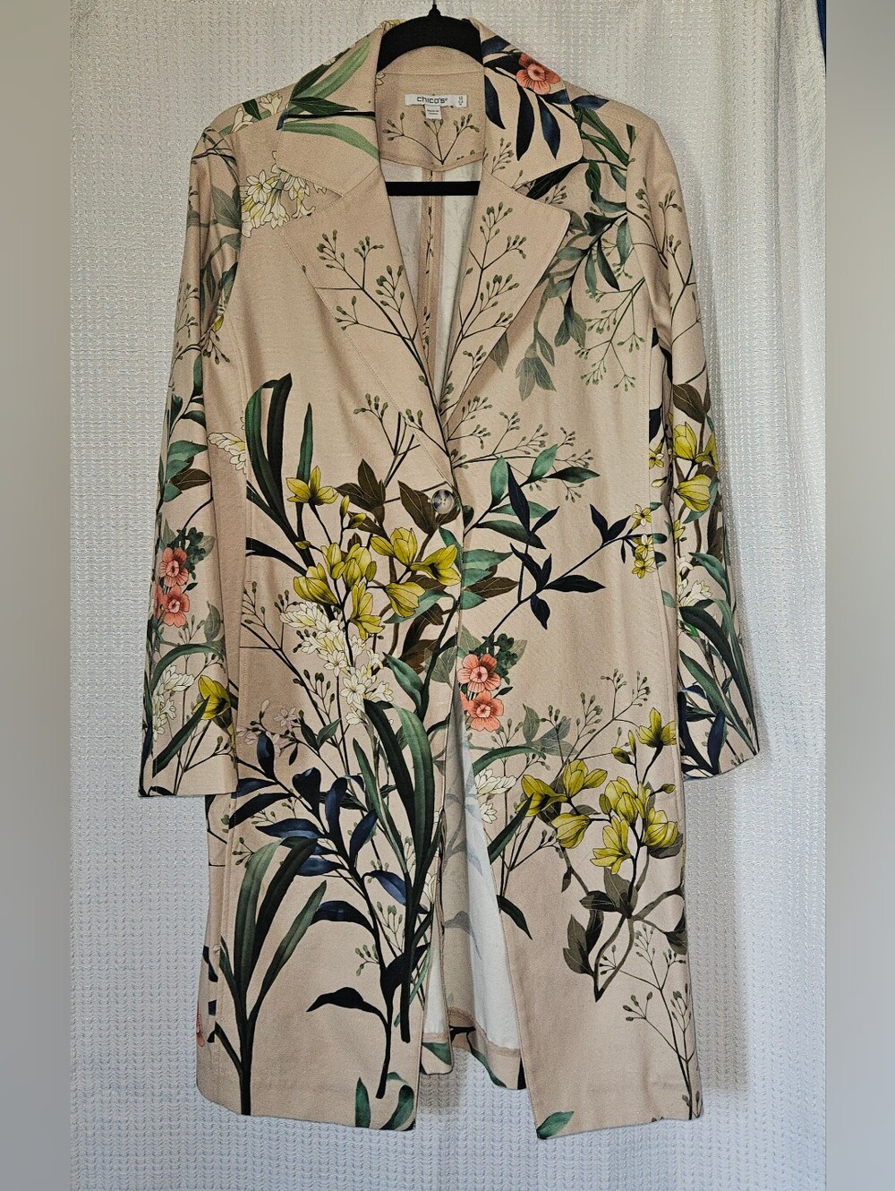 Chico's Floral Cotton Canvas Long Sleeve Topper Coat Floral Neutral 10 - Picture 2 of 6